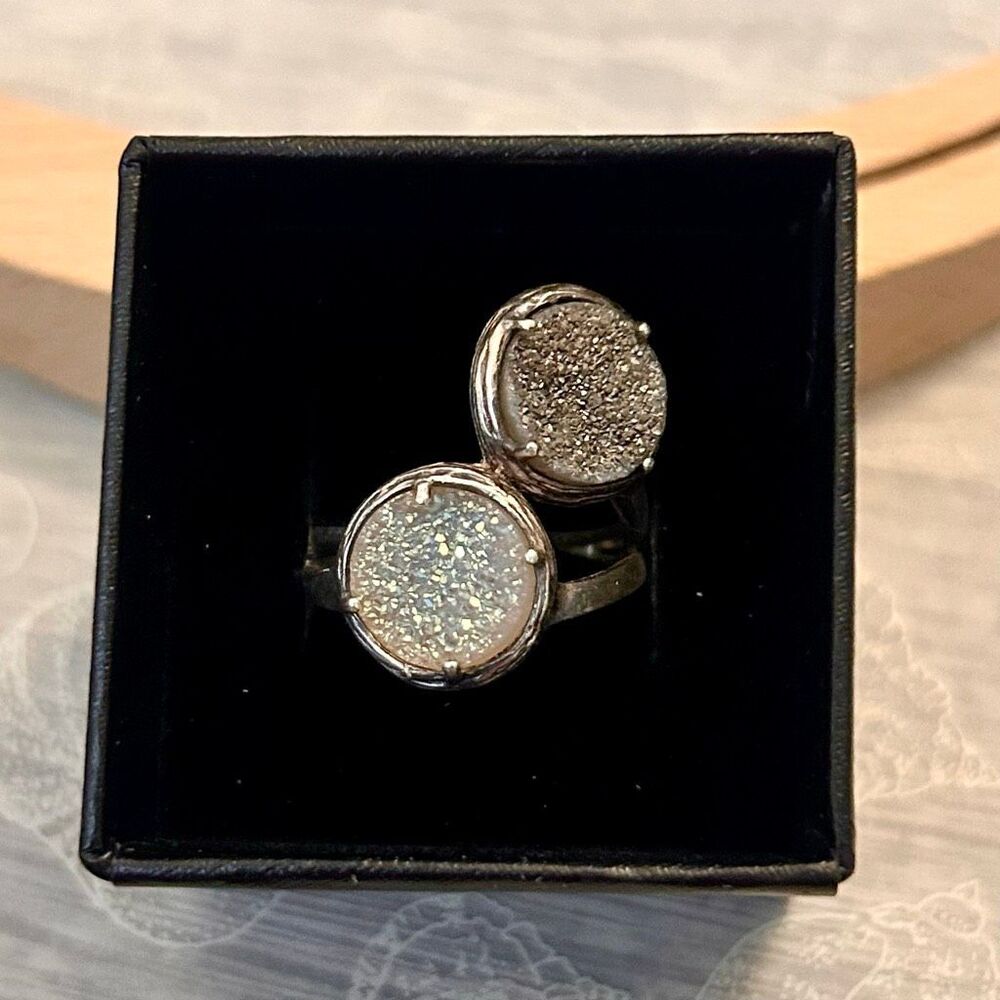 Sterling Silver Druzy Quartz Bypass Ring Size 6.25/6.5 Glittery Gray White EUC